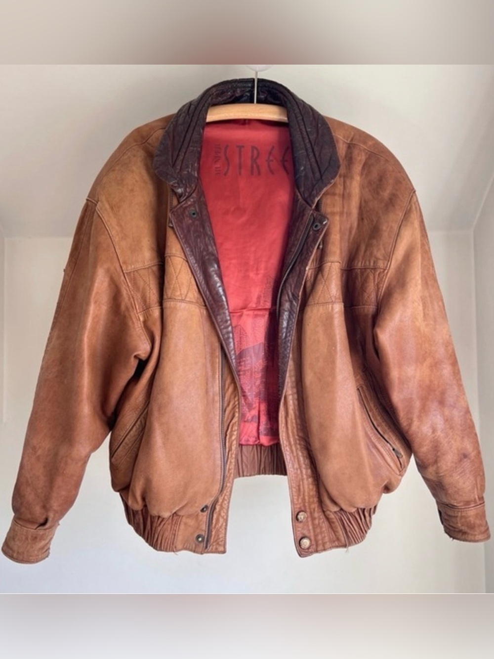 Vintage 90s Leather Bomber Jacket | Quilted Funnel Neck | Oversized Brown | L - Picture 6 of 16